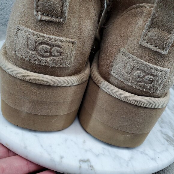 Ugg Shoes Womens Size 8 Tan Suede Ultra Mini Platform Shearling Boots *Read* - Picture 7 of 13